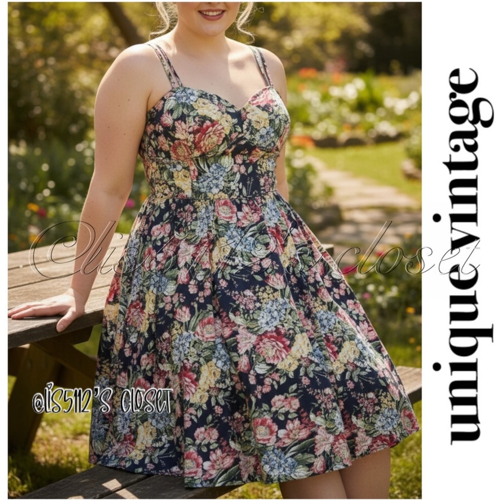 Unique Vintage Navy Garden Party Floral Print Pinup Retro Swing Dress 2X 18 - Picture 14 of 14